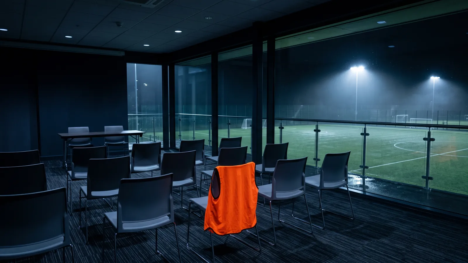 Empty stacking chairs in a clubhouse function room, an orange bib over one, the floodlit pitch through the window