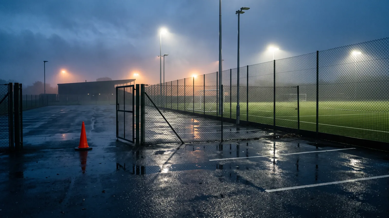 An empty car park beside a floodlit football pitch at dawn