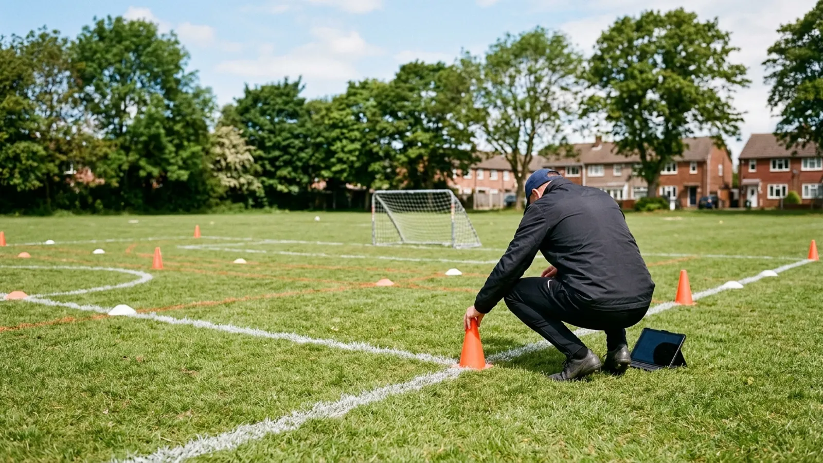 A small-sided pitch marked out in orange cones on a floodlit 3G at dusk, a mini goal at one end