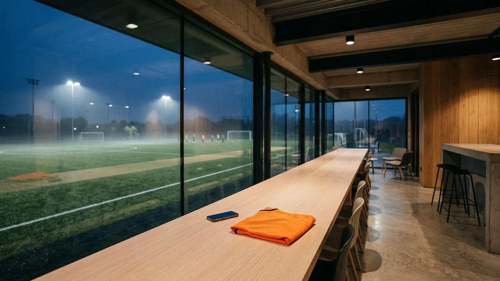 A clean table by the window of a modern clubhouse at dusk, a phone and a folded orange bib on it, the floodlit pitch outside
