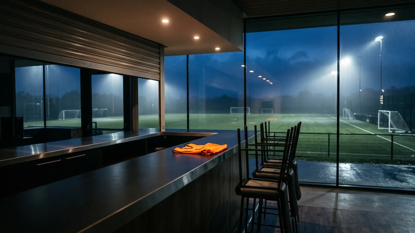 The counter of a modern clubhouse after closing, stools up, a folded orange bib on it, the floodlit pitch through the glass