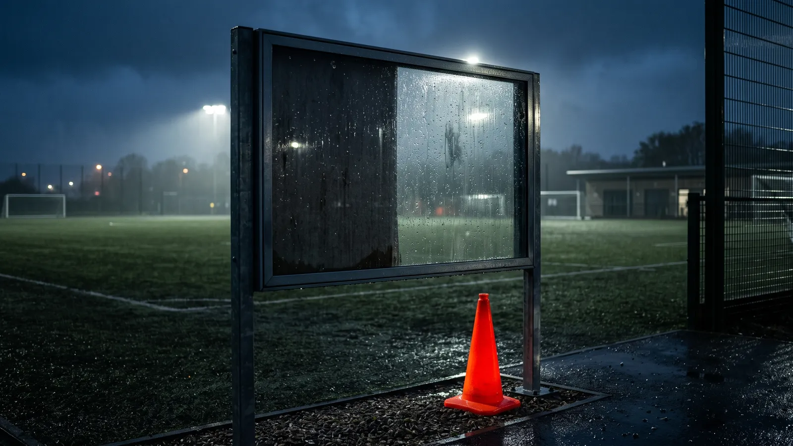 An empty noticeboard at the entrance to a floodlit football ground at dusk