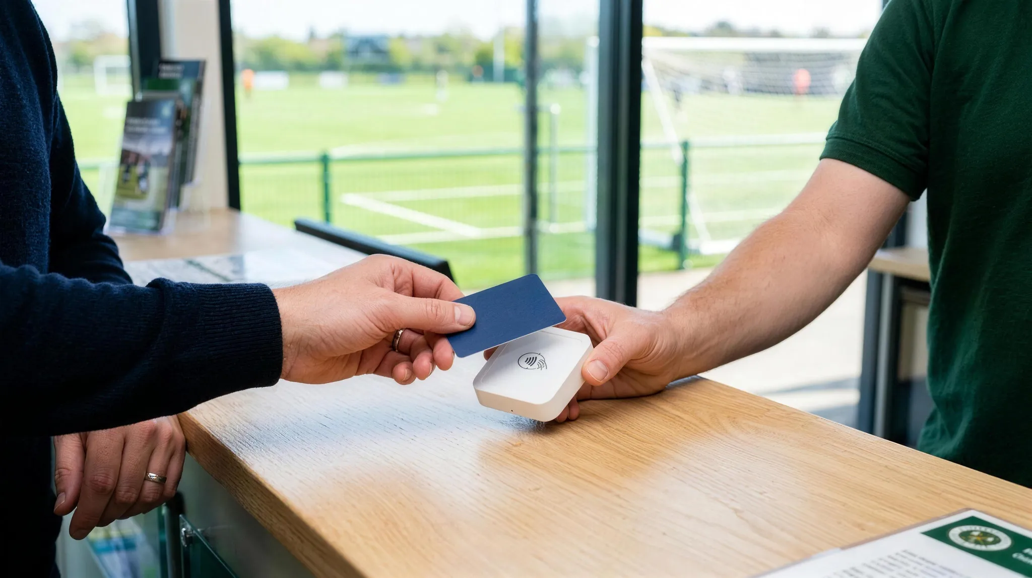 A contactless card payment at the clubhouse reception, the pitch through the window behind