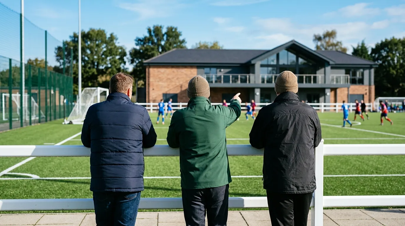 Three supporters at the touchline rail, one pointing out play at a modern grassroots ground