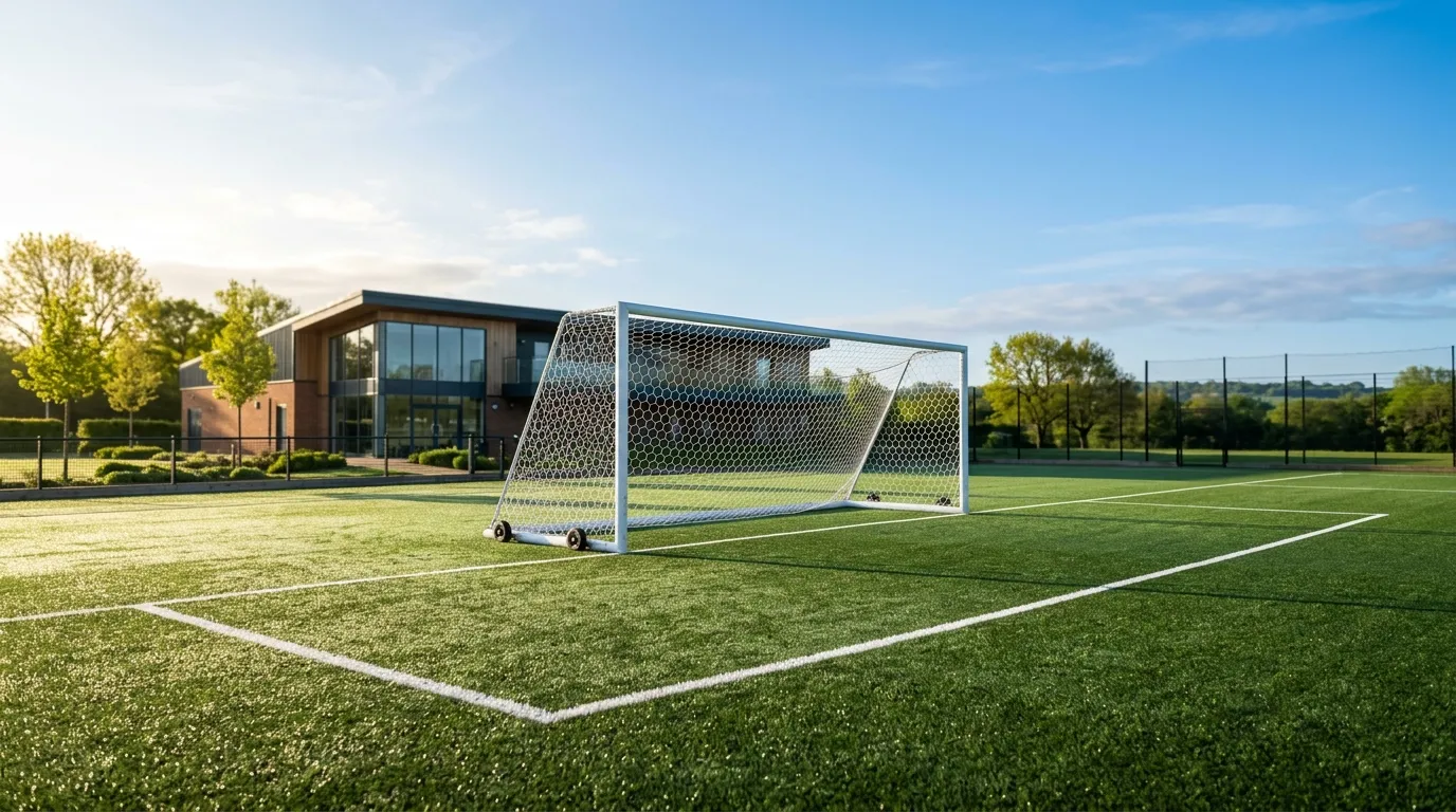 An empty goal on a bright 3G pitch in front of a modern clubhouse