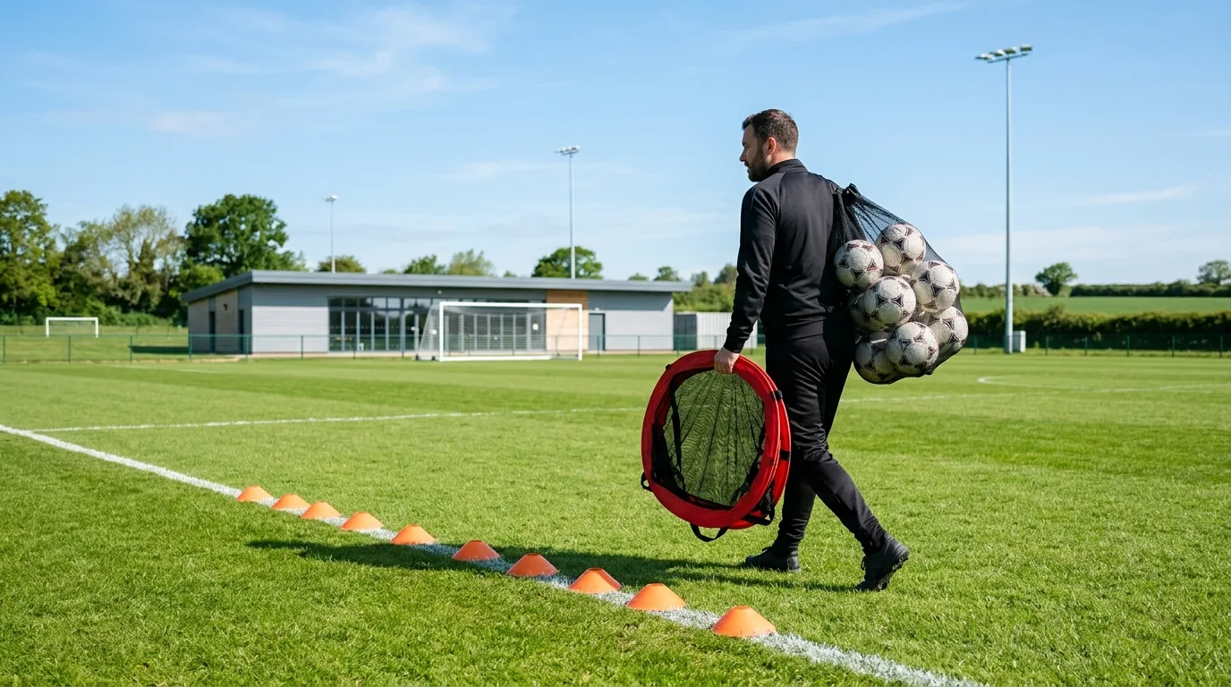A team manager carrying a pop-up goal and a bag of footballs across a park pitch