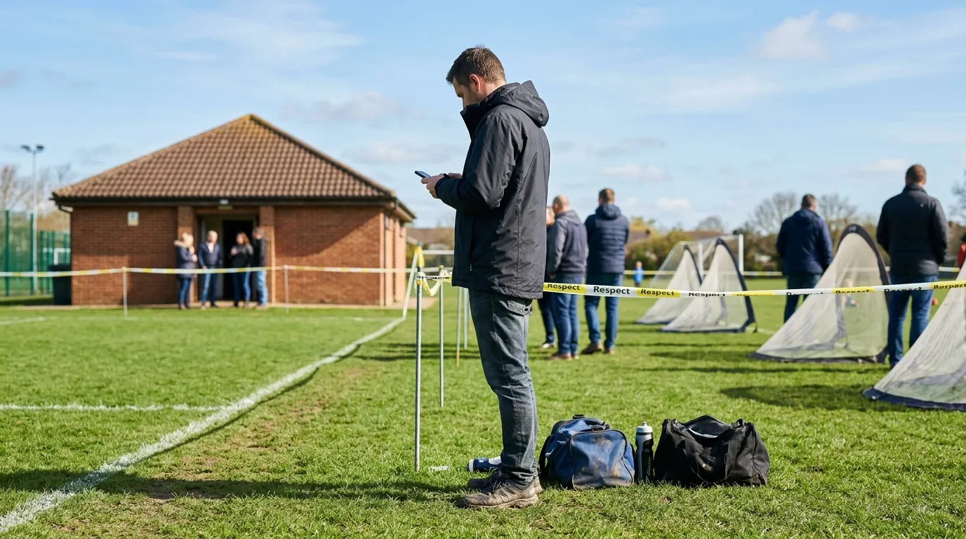 A pair of football boots and a folded bib on a changing room bench, with a phone beside them