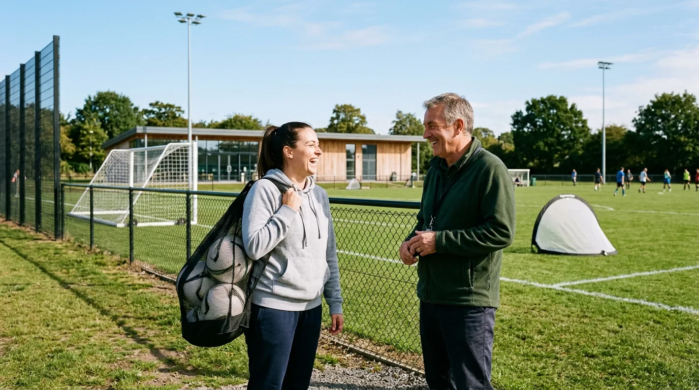 Two club volunteers chatting by the pitch fence, one carrying a bag of footballs