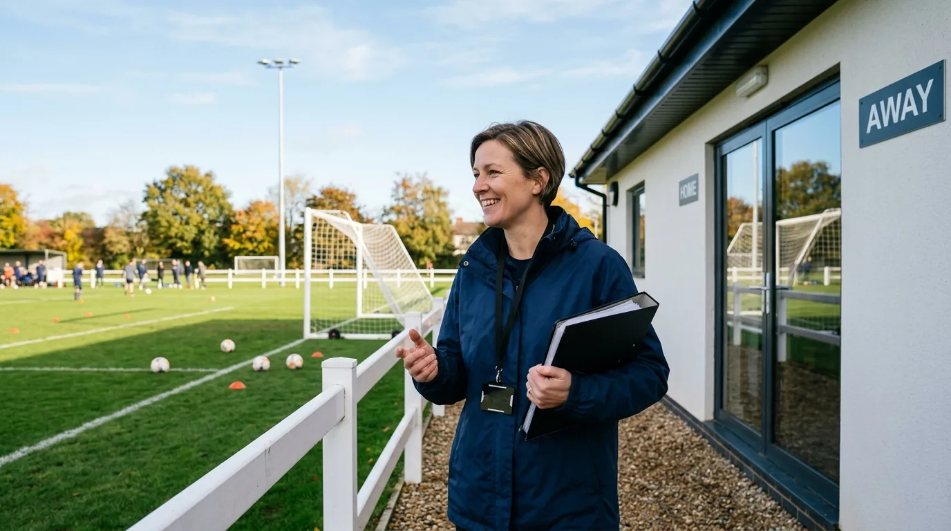 A club welfare volunteer with a lanyard and folder, smiling beside the clubhouse at a grassroots pitch