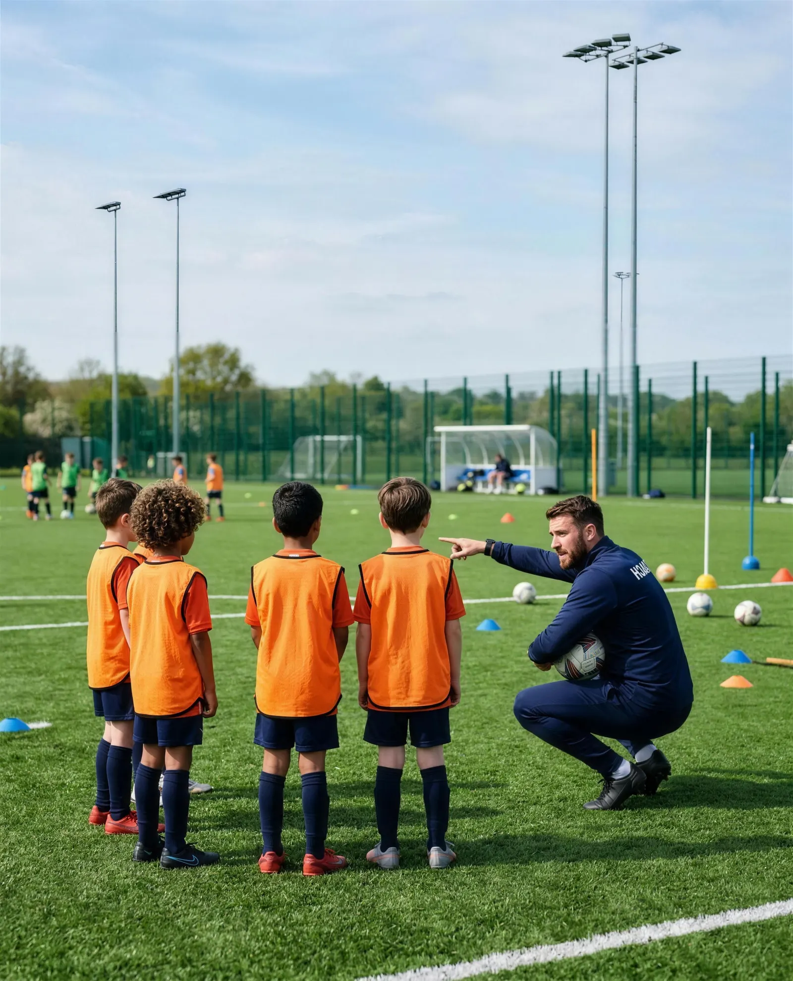 An academy coach in a navy tracksuit crouching with a ball and pointing out a drill to young players in orange bibs, seen from behind, on a floodlit 3G pitch