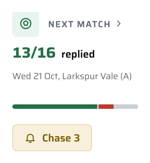 The manager's next match card: 13 of 16 replied, with a Chase 3 button