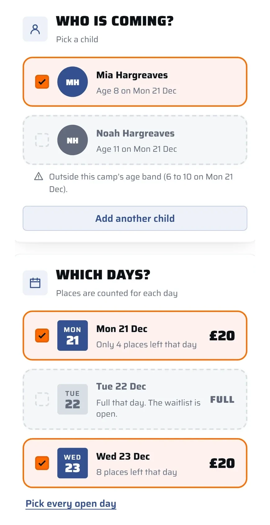 Booking a holiday camp: pick a child, then the days, with places left shown for each day