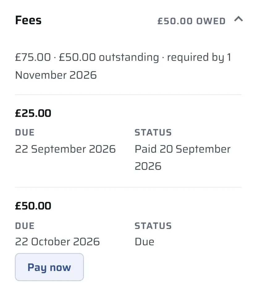 A parent's Fees card: £50.00 owed, two instalments listed with due dates, one paid and one due with a Pay now button