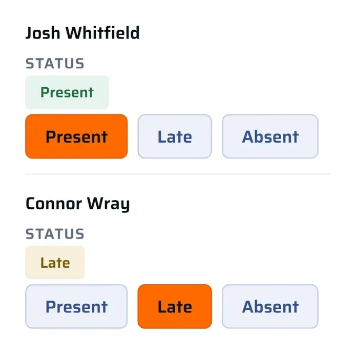 The training register: Josh marked present and Connor marked late, with Present, Late and Absent buttons for each