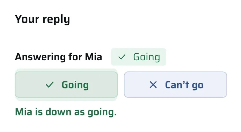 The parent's reply card after tapping Going: Mia is down as going