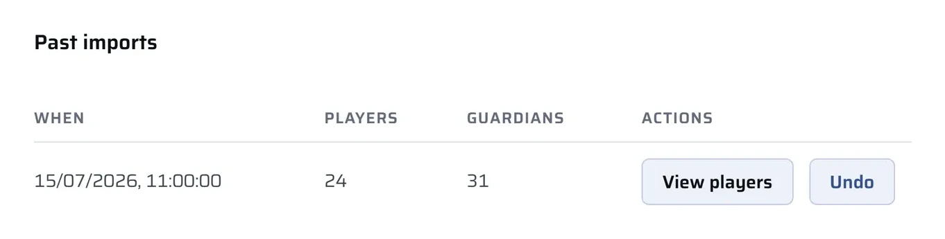 Past imports: when each batch came in, how many players and guardians, with View players and Undo buttons