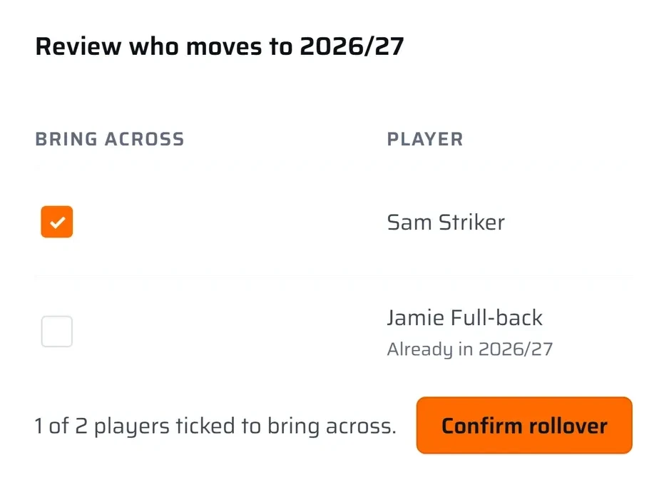 Review who moves to 2026/27: players ticked to bring across, and a Confirm rollover button