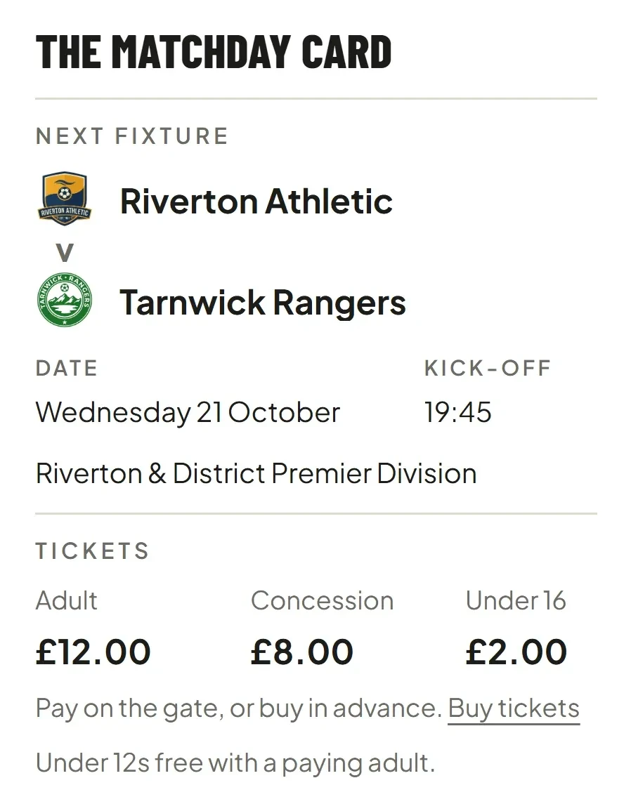 A club website's matchday card: the next fixture, Riverton Athletic against Tarnwick Rangers, with the date, kick-off and ticket prices
