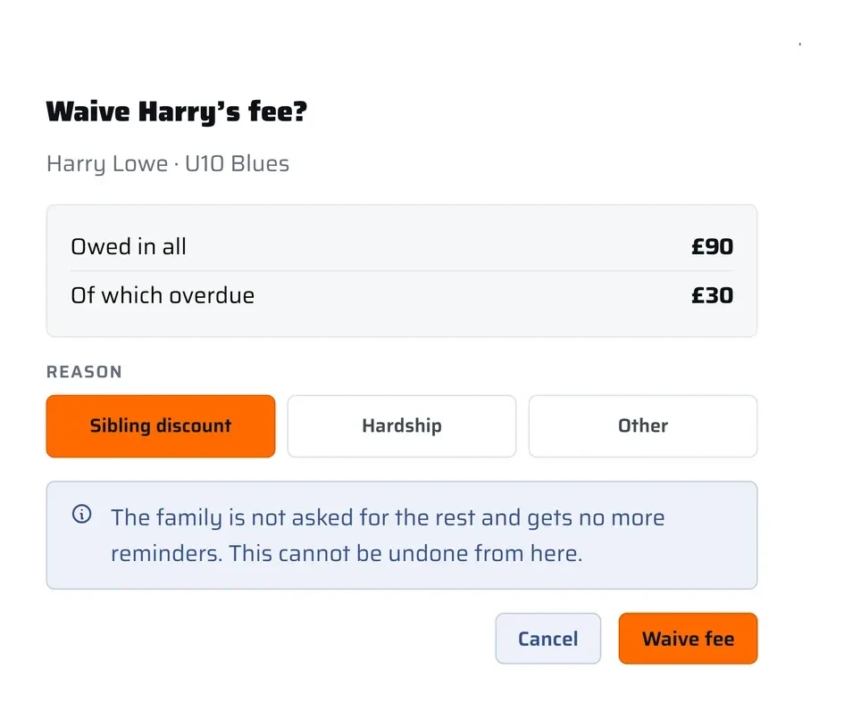 Waive Harry's fee: what is owed in all and what is overdue, a reason to pick, and a warning that the family is not asked for the rest