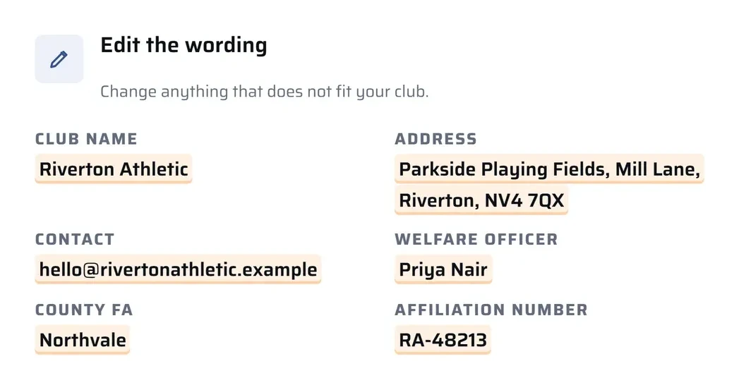 Editing the consent wording: the club name, address, contact, county FA, welfare officer and affiliation number filled in