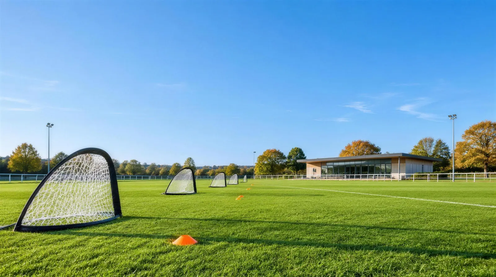 A training ground on a clear day, pop-up goals and an orange cone on the grass in front of a modern clubhouse