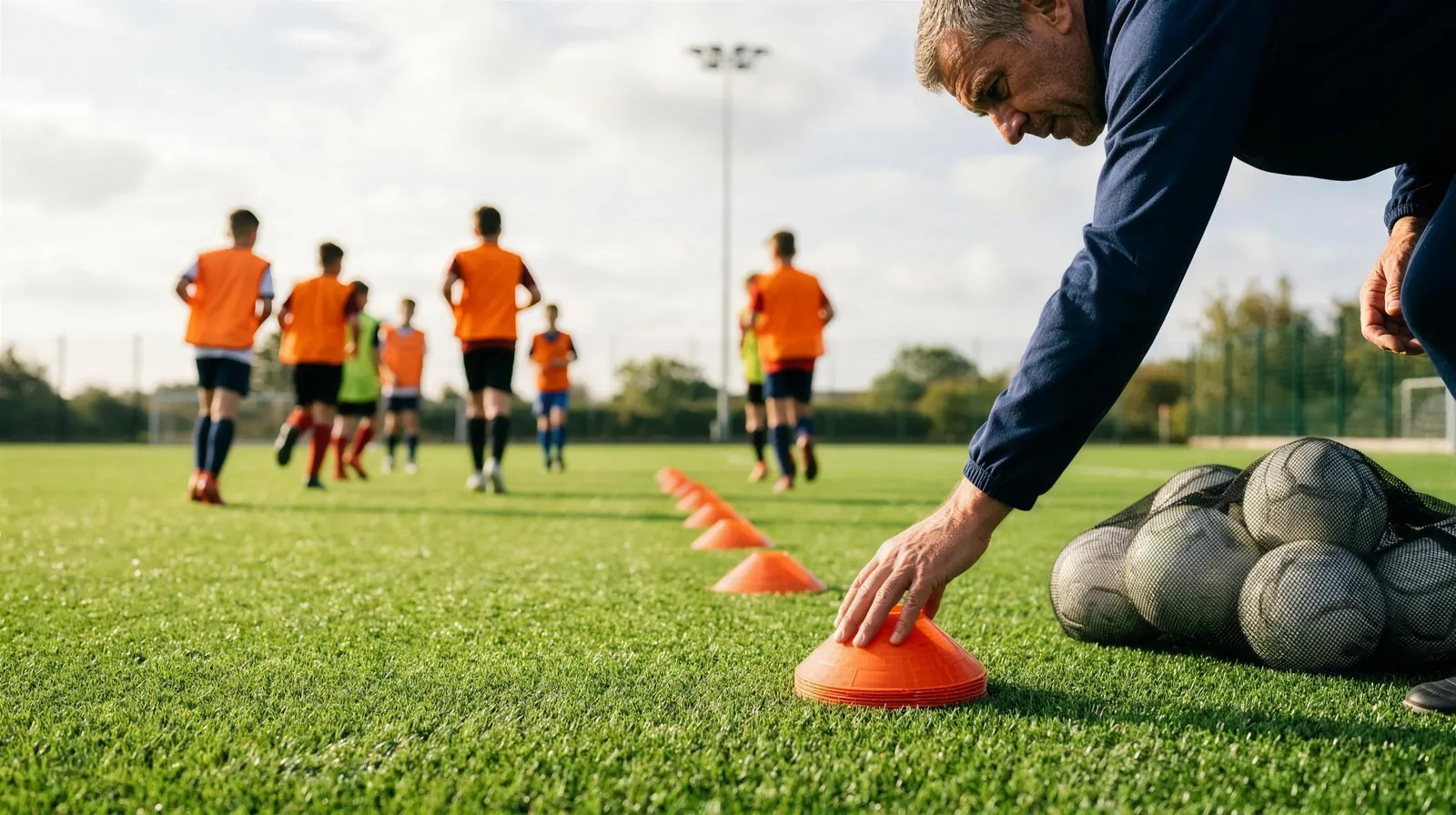 A coach's hand setting an orange cone down on a 3G pitch beside a bag of footballs, players in orange bibs warming up beyond