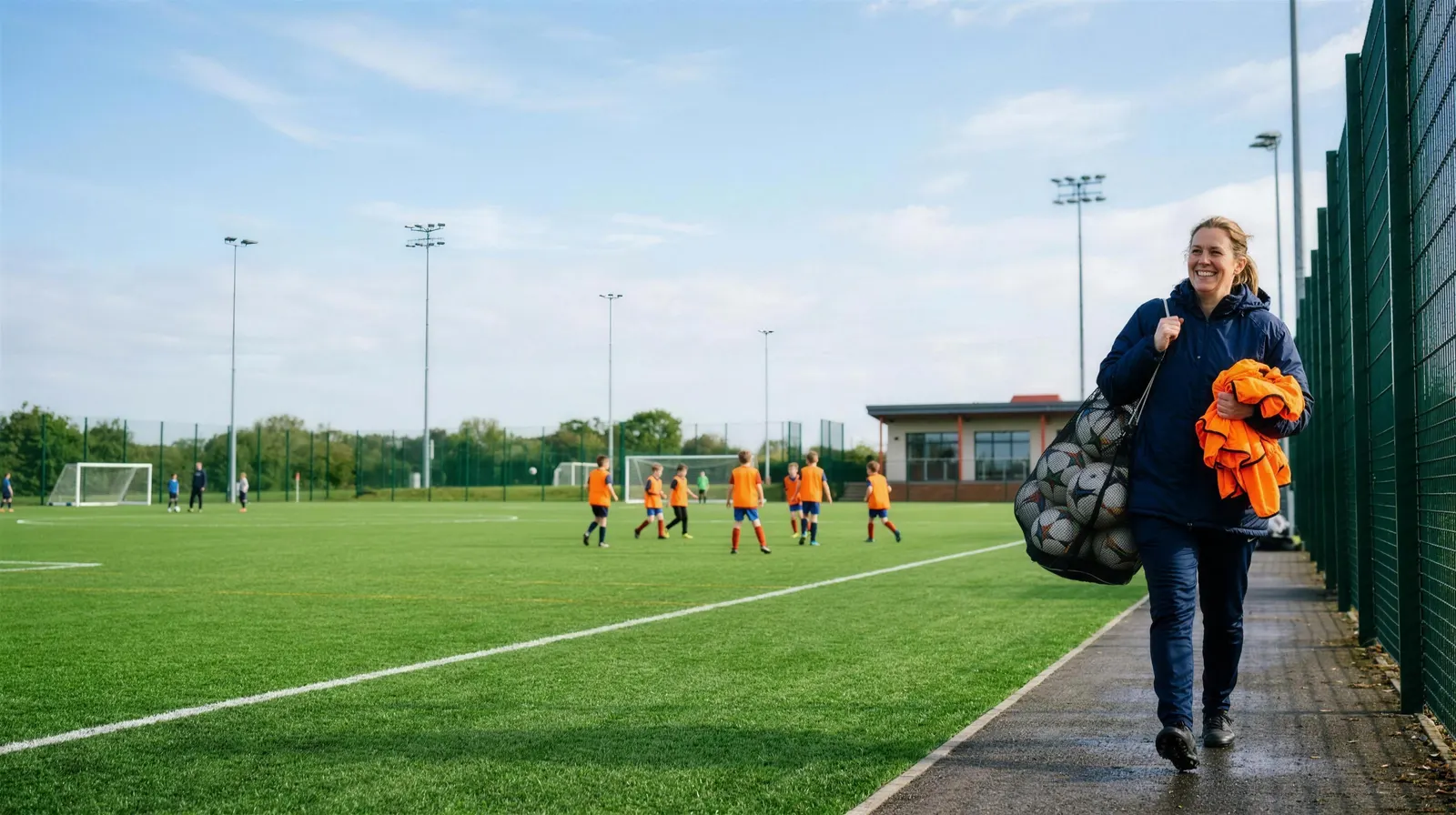 A club volunteer in a navy jacket walking the path beside a 3G pitch with a net of footballs and an armful of orange bibs, players in orange bibs warming up behind