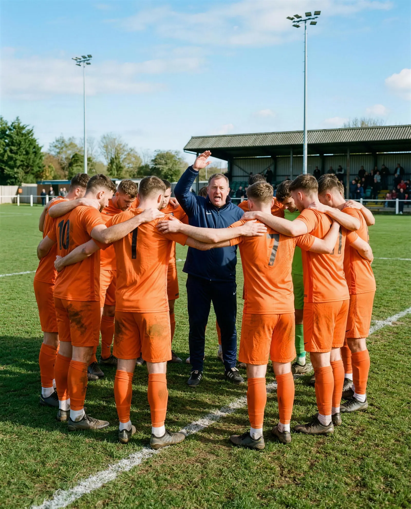 A manager in a navy club jacket giving the team talk in the middle of a huddle of players in orange before kick-off