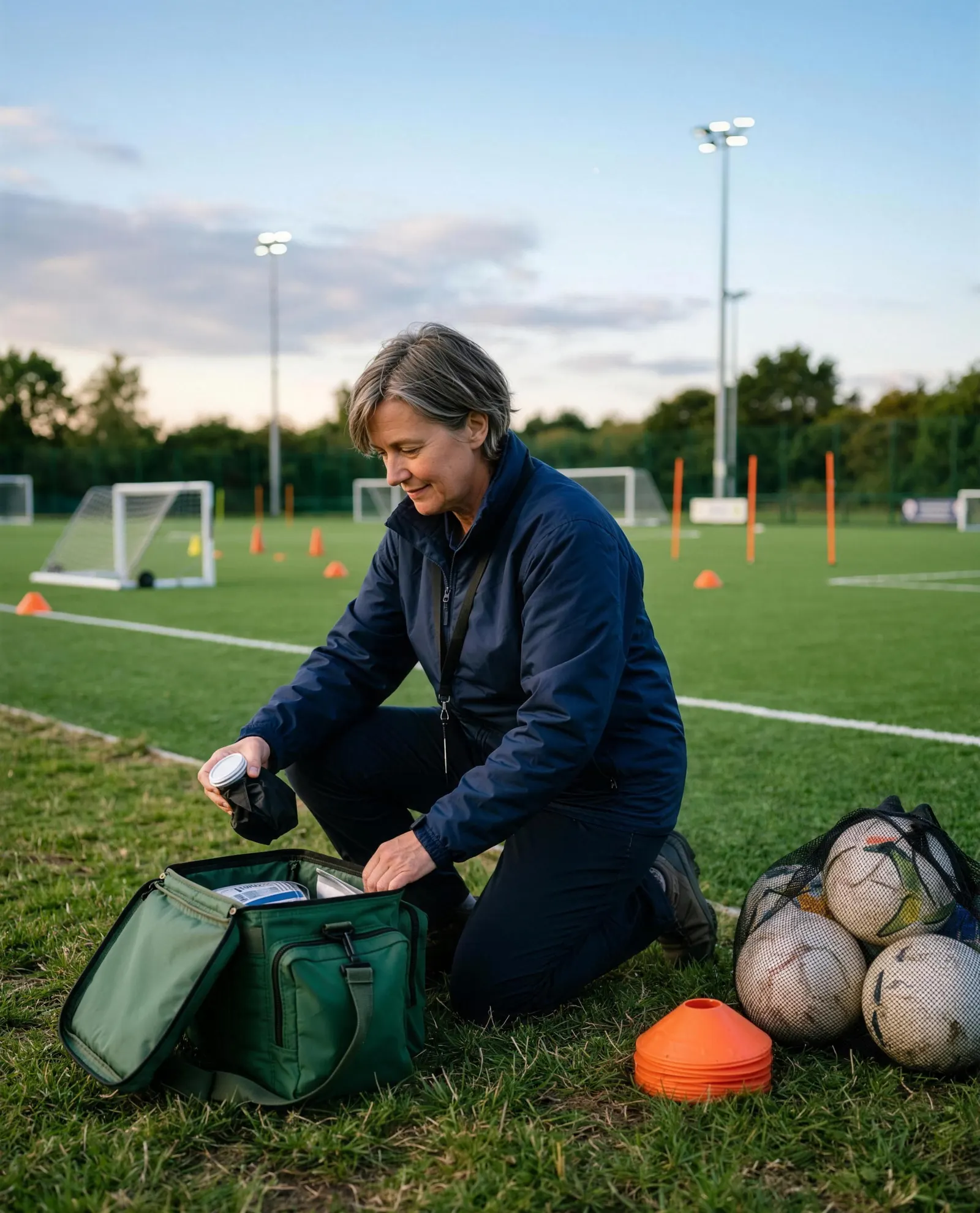 A club welfare officer in a navy jacket with a lanyard kneeling at the side of a 3G pitch to check the first-aid bag, a net of footballs and an orange cone beside it