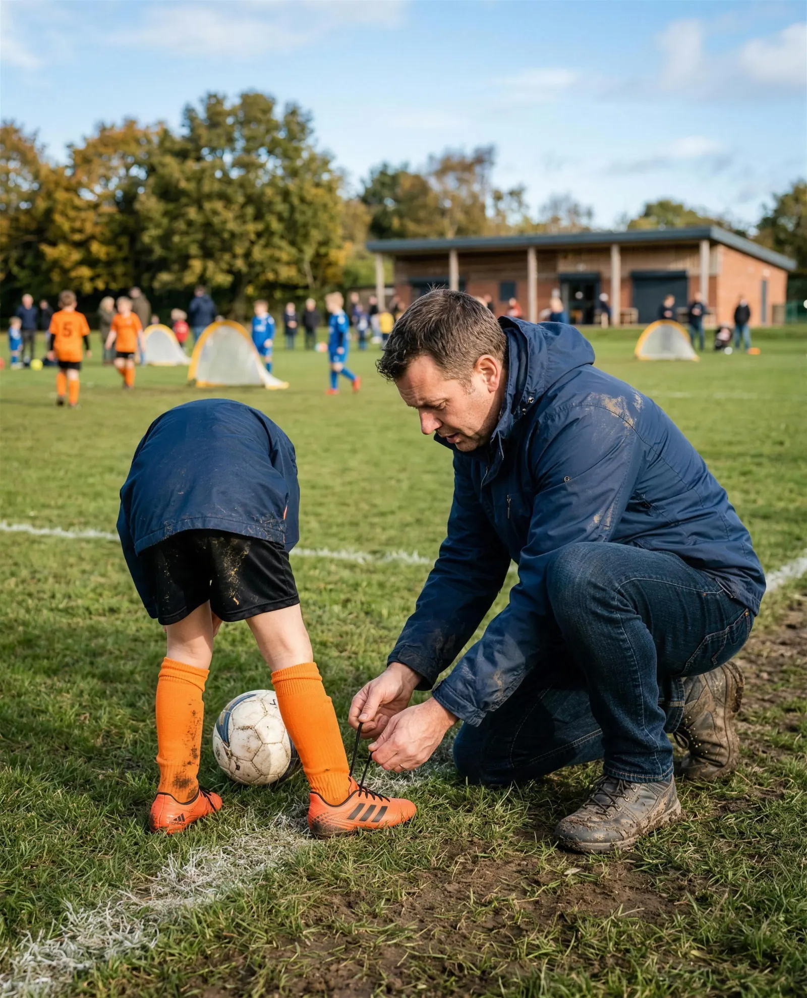 A dad crouching on the touchline to tie a young player's boot laces before a Saturday morning game, the pitch and pop-up goals behind