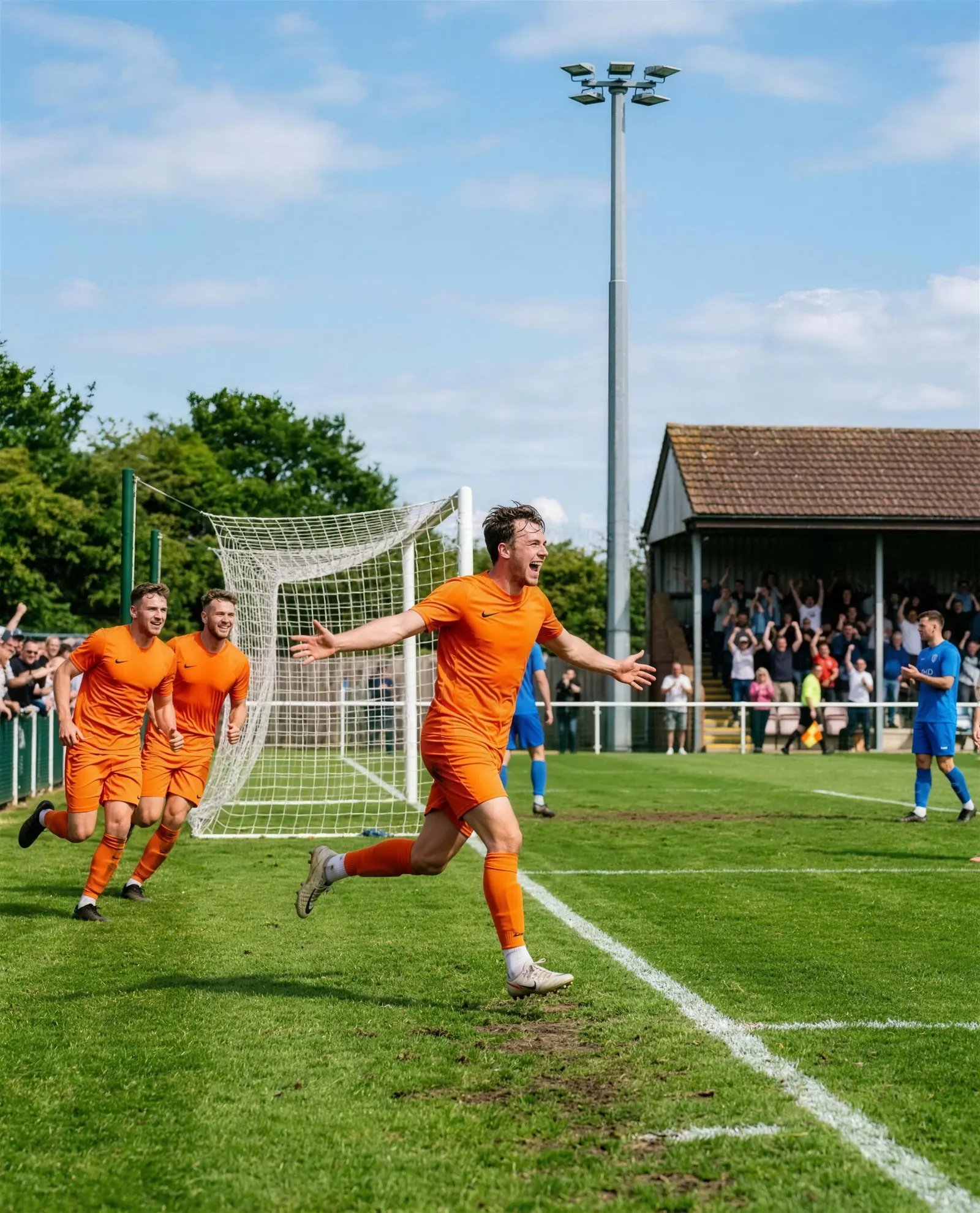 A player in orange wheeling away to celebrate a goal, arms wide, two teammates running to join him and the stand on its feet behind