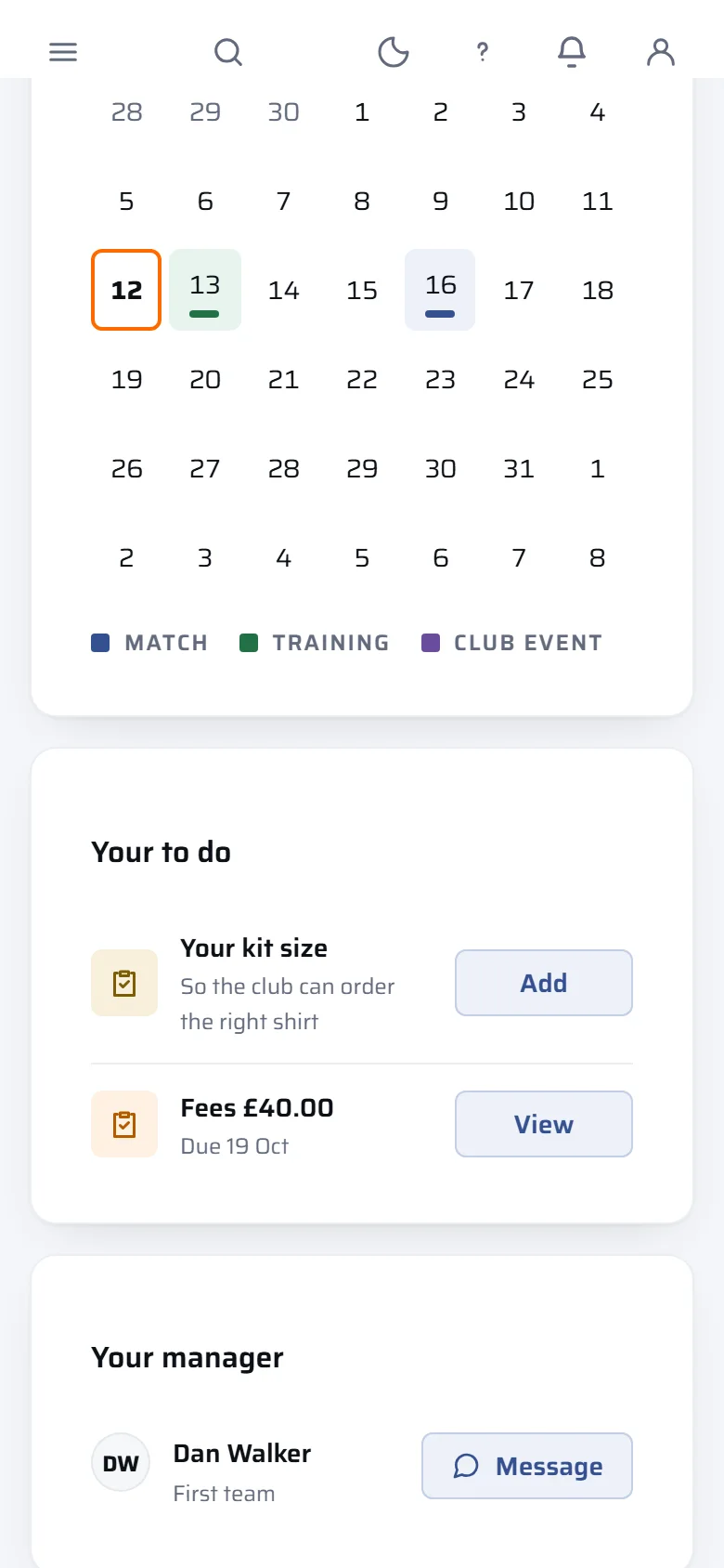 A player's Home page: Your to do with a kit size and Fees, and Your manager with a Message button