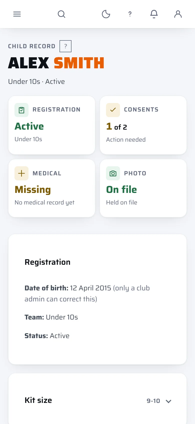 A child's record: registration active, consents one of two, medical missing, photo on file, then the registration details
