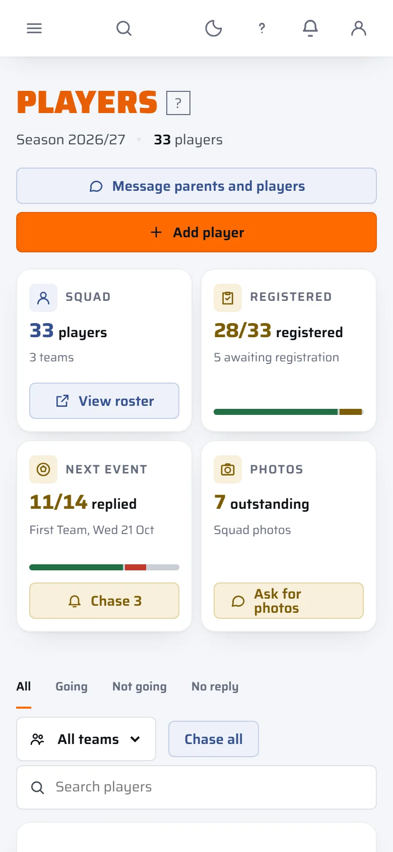 The club's Players page: 33 players, 28 of 33 registered, 11 of 14 replied for the next event and the photos still outstanding