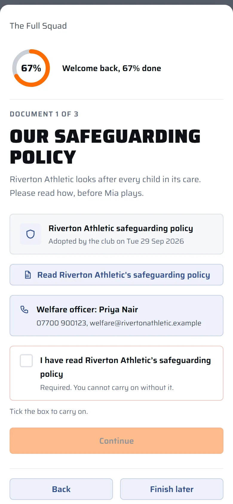 The safeguarding policy page in the enrolment form, with the welfare officer's name and a tick box a parent must complete