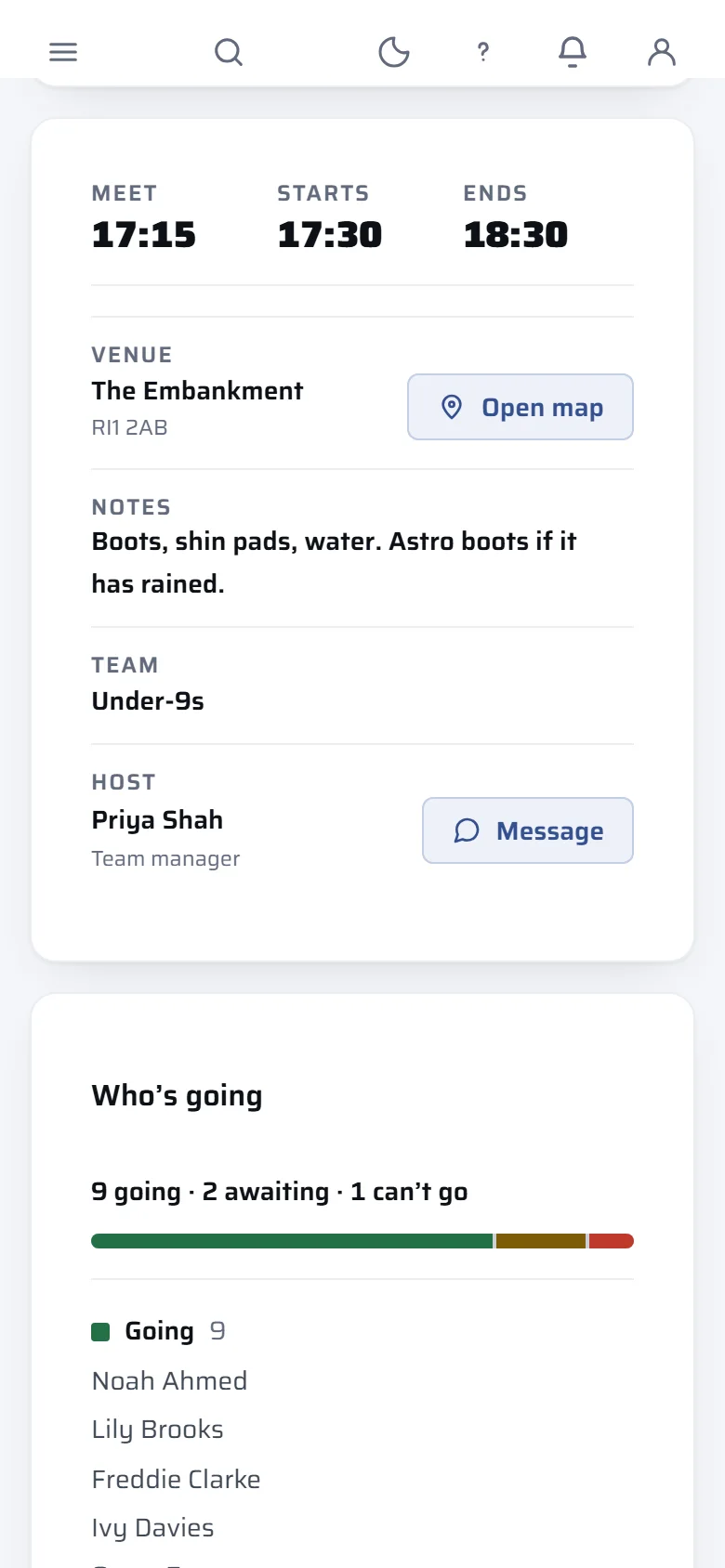 The lower half of a training page: meet 17:15, starts 17:30, ends 18:30, the venue with an Open map button, notes, the team, the host and Who's going