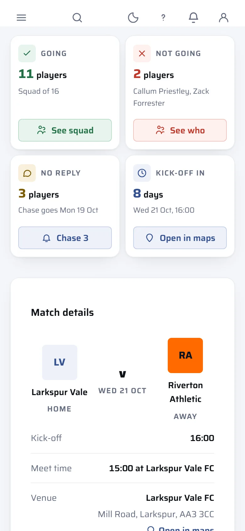 A fixture page for a manager: 11 going, 2 not going, 3 with no reply and a Chase 3 button, then the match details