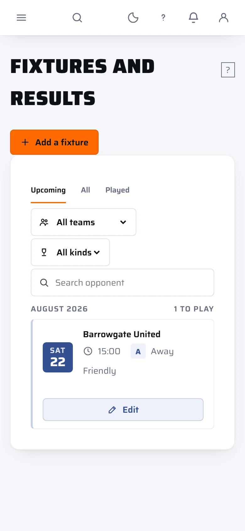 The manager's Fixtures and results page: Add a fixture, filters, and each upcoming match with an Edit button