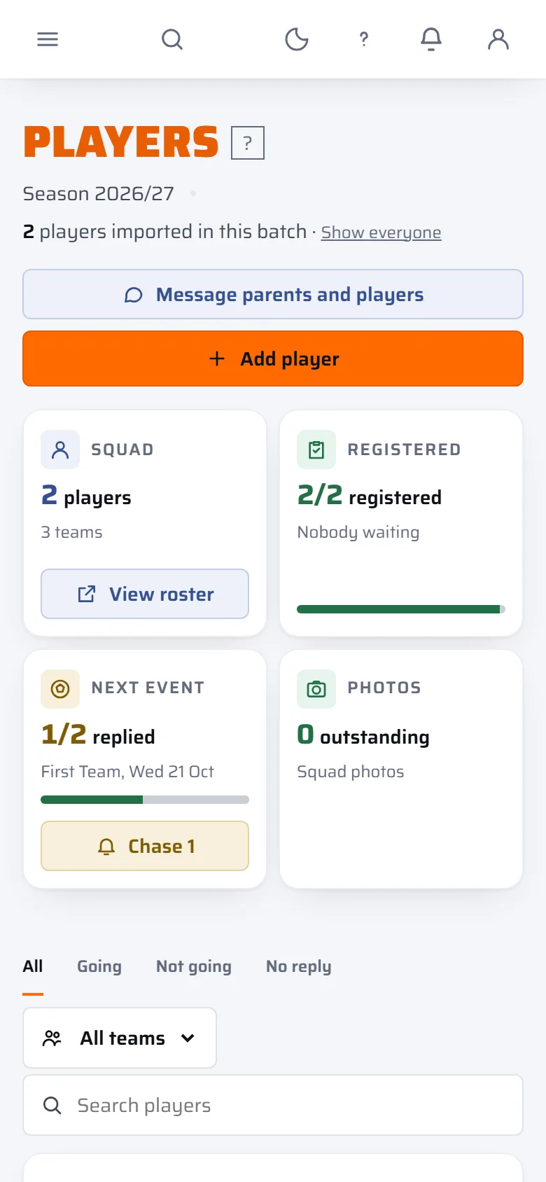 The Players page after an import: two players imported in this batch, with the squad, registered, next event and photos tiles