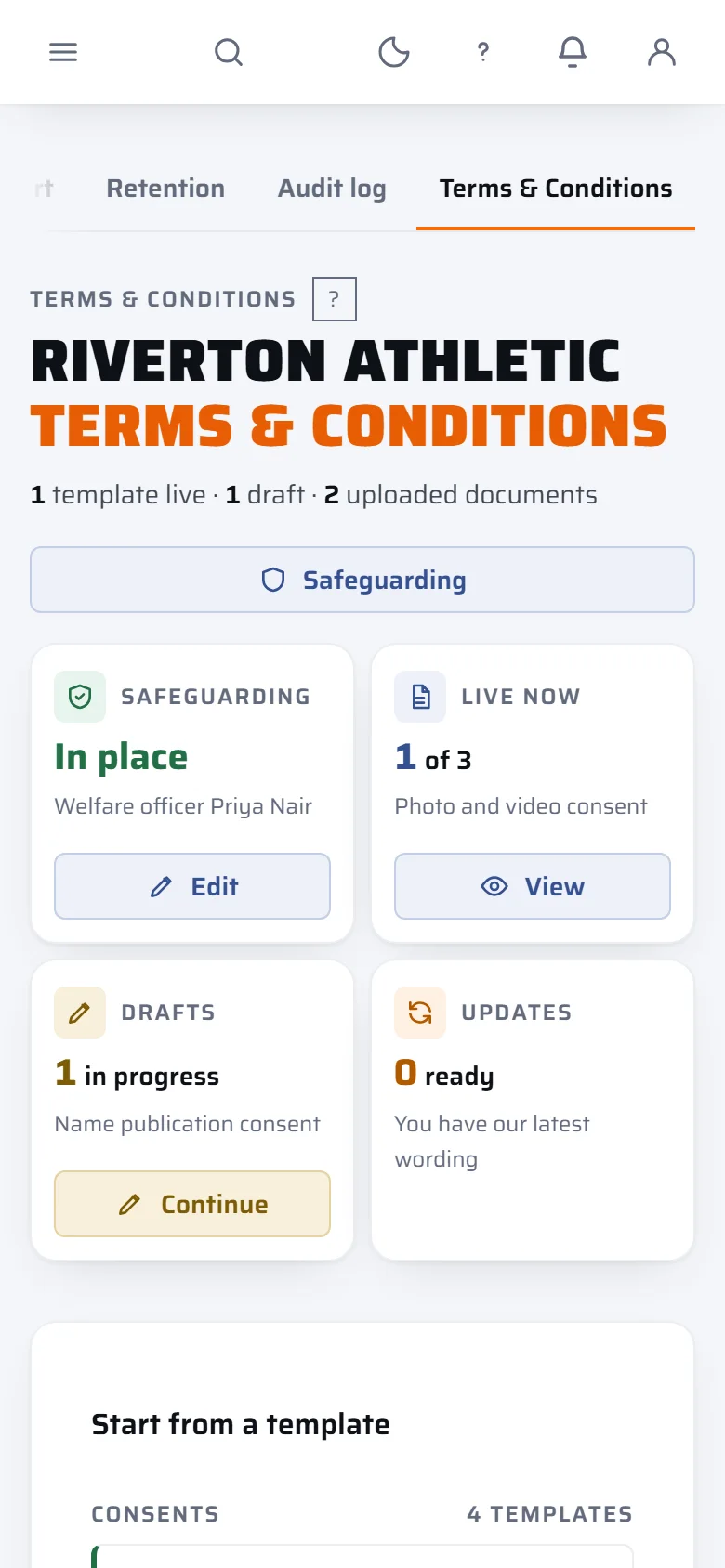 The club's terms and safeguarding page: safeguarding in place with the welfare officer named, and consent wording live, in draft or ready to update