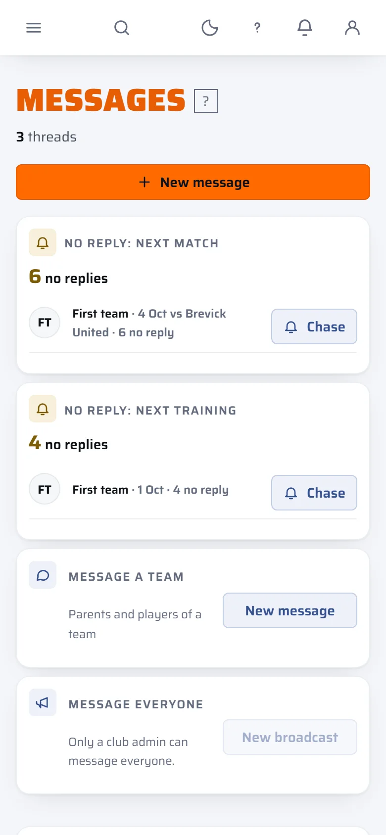 The manager's Messages page: the matches and training with no replies, each with a Chase button, and Message a team