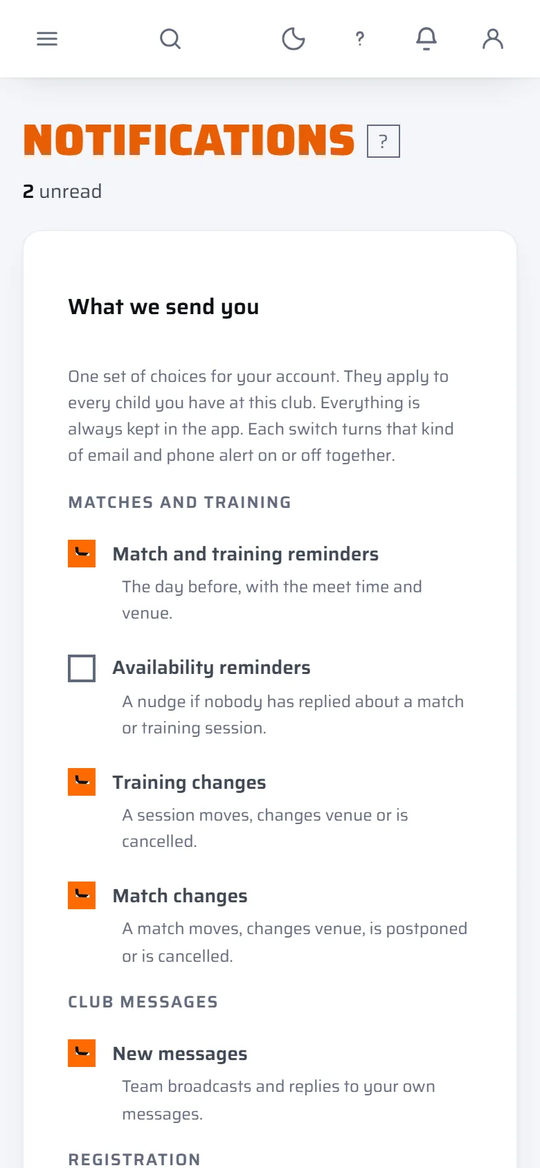 The notification choices: match and training reminders, availability reminders, training changes and match changes, each with its own switch