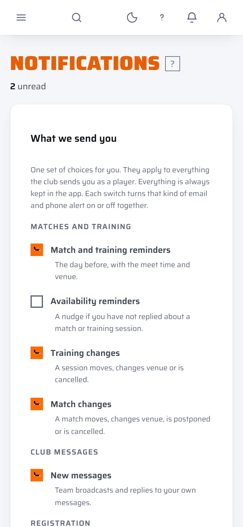 A player's notification choices: match and training reminders, availability reminders, training changes and match changes, each with its own switch