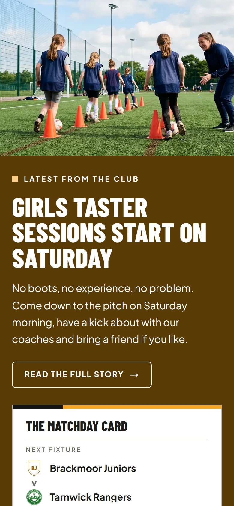 A junior club's website on a phone: girls dribbling round cones at a taster session, the story about it and the matchday card