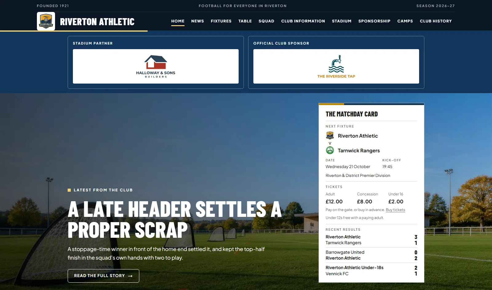A club's own website on a laptop: the club header and sponsors, the latest story over a photo of the ground, and the matchday card with the next fixture, ticket prices and recent results