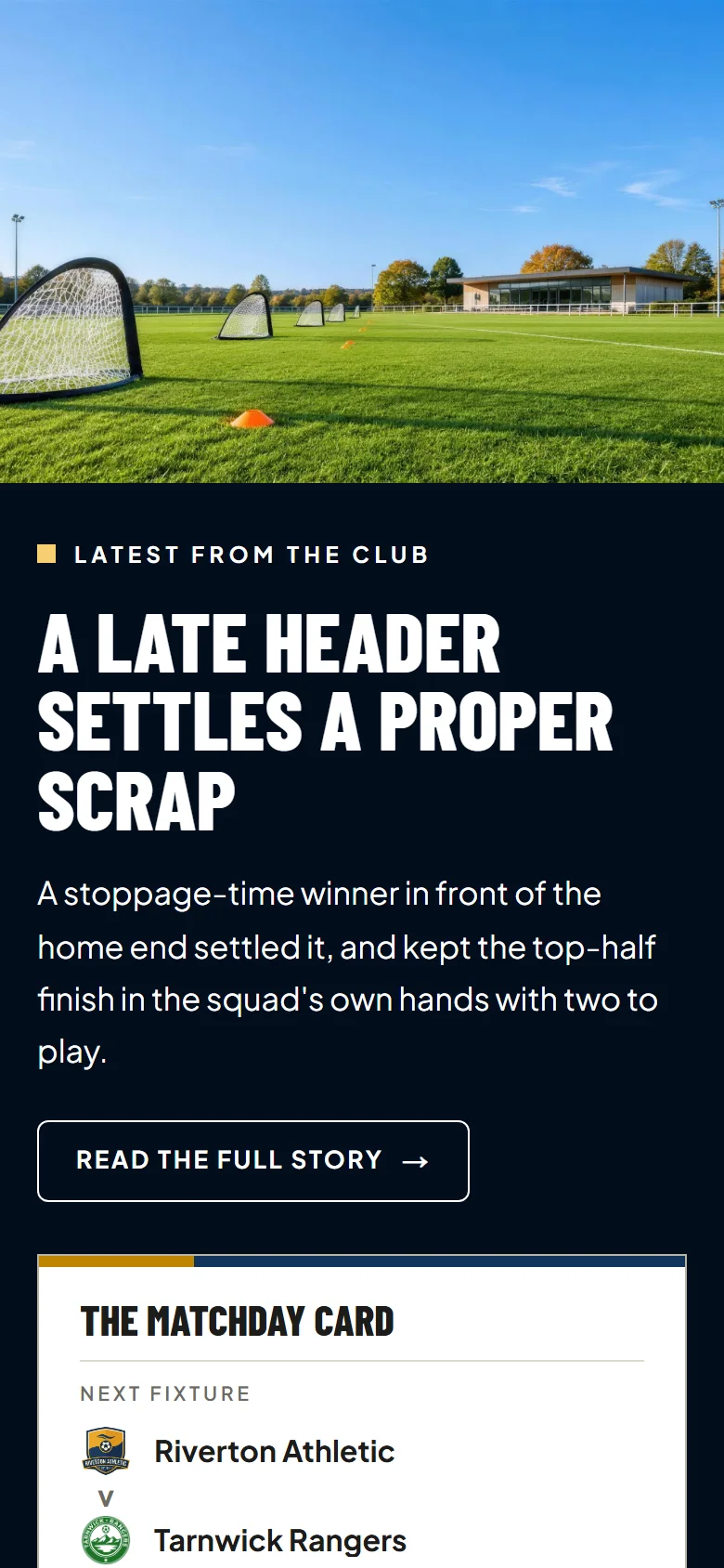 A club's own website on a phone: a photo of the club's ground, the latest match report and the matchday card