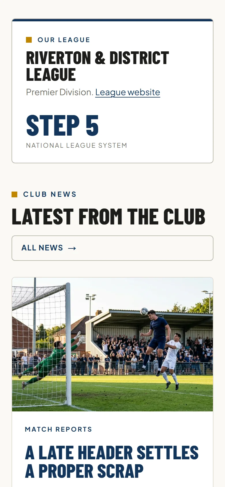A club's own website on a phone: the league the club plays in, then the latest news and match reports