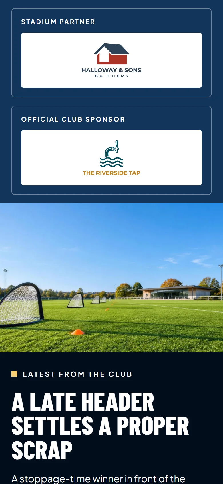 A club's own website on a phone: the stadium partner and the club sponsor at the top, then a photo of the ground and the latest match report