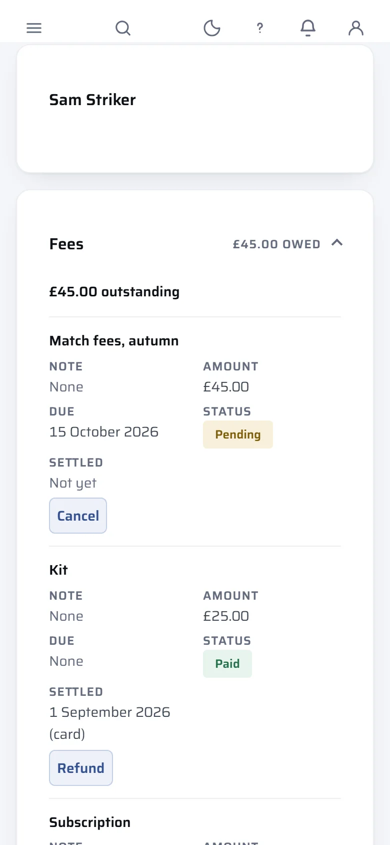 A treasurer's view of one player: only the name and the fees, with what is owed and its due date