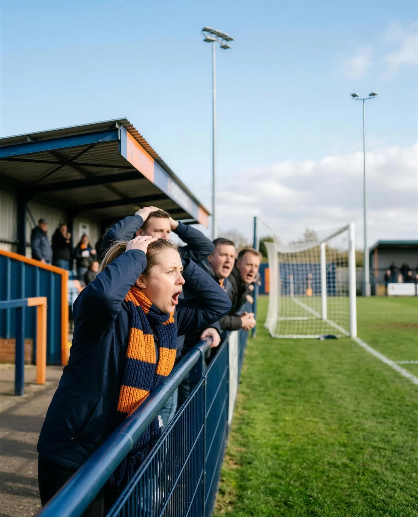 Supporters in navy and orange scarves at the rail of a small ground, hands on heads as a shot goes just wide
